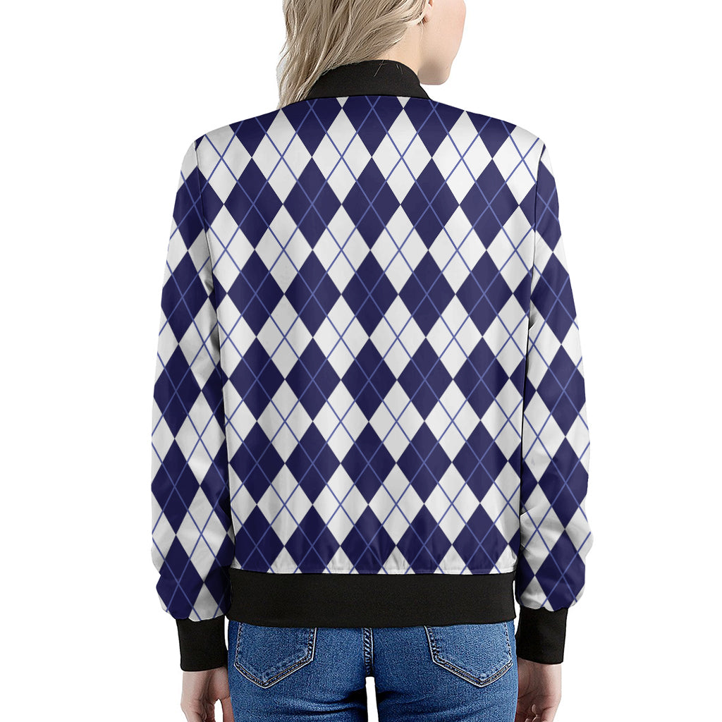 Navy Blue And White Argyle Pattern Print Women's Bomber Jacket