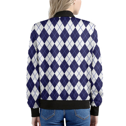 Navy Blue And White Argyle Pattern Print Women's Bomber Jacket