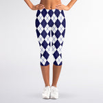 Navy Blue And White Argyle Pattern Print Women's Capri Leggings