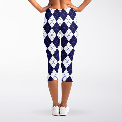 Navy Blue And White Argyle Pattern Print Women's Capri Leggings