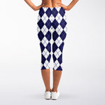 Navy Blue And White Argyle Pattern Print Women's Capri Leggings