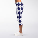 Navy Blue And White Argyle Pattern Print Women's Capri Leggings
