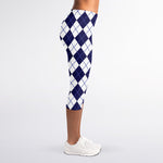 Navy Blue And White Argyle Pattern Print Women's Capri Leggings