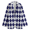 Navy Blue And White Argyle Pattern Print Women's Cotton Blazer