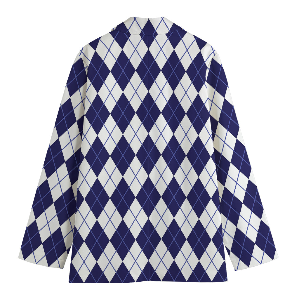 Navy Blue And White Argyle Pattern Print Women's Cotton Blazer