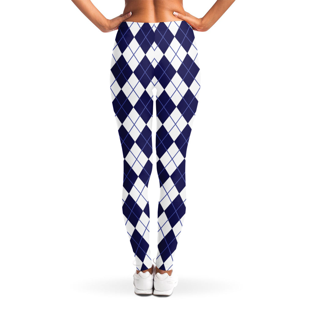 Navy Blue And White Argyle Pattern Print Women's Leggings