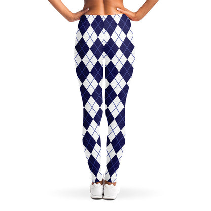 Navy Blue And White Argyle Pattern Print Women's Leggings