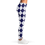 Navy Blue And White Argyle Pattern Print Women's Leggings