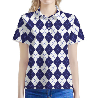 Navy Blue And White Argyle Pattern Print Women's Polo Shirt