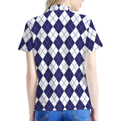 Navy Blue And White Argyle Pattern Print Women's Polo Shirt