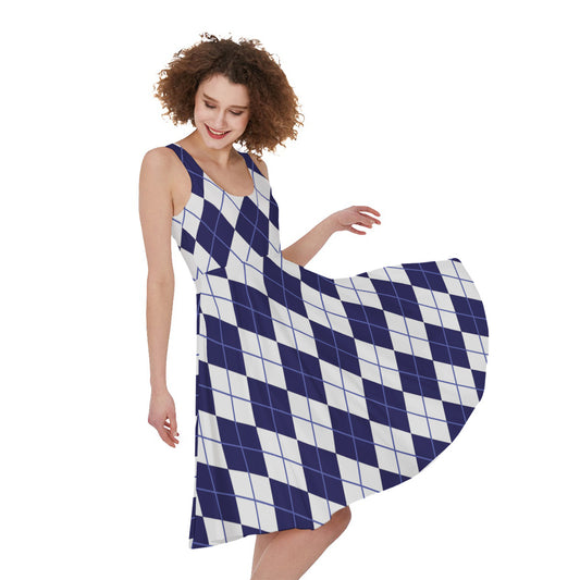 Navy Blue And White Argyle Pattern Print Women's Sleeveless Dress