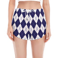 Navy Blue And White Argyle Pattern Print Women's Split Running Shorts