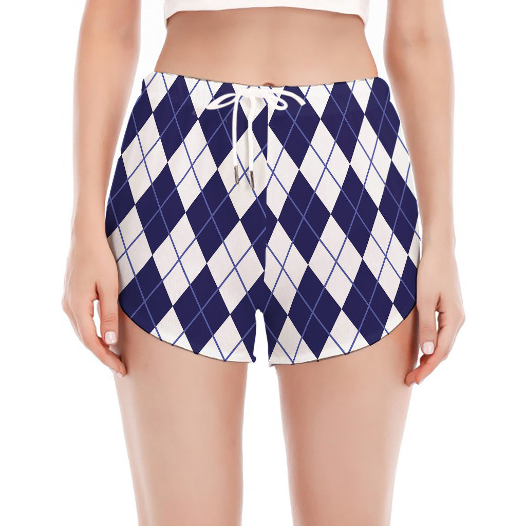 Navy Blue And White Argyle Pattern Print Women's Split Running Shorts