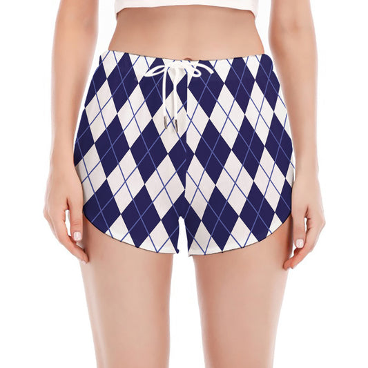 Navy Blue And White Argyle Pattern Print Women's Split Running Shorts