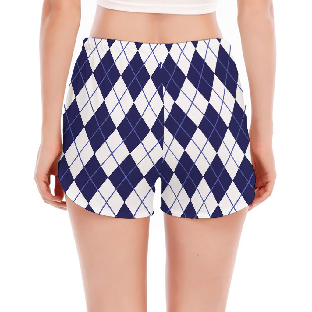Navy Blue And White Argyle Pattern Print Women's Split Running Shorts