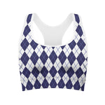 Navy Blue And White Argyle Pattern Print Women's Sports Bra