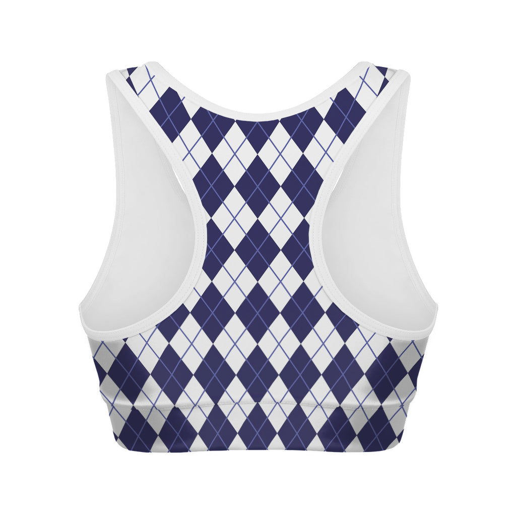Navy Blue And White Argyle Pattern Print Women's Sports Bra