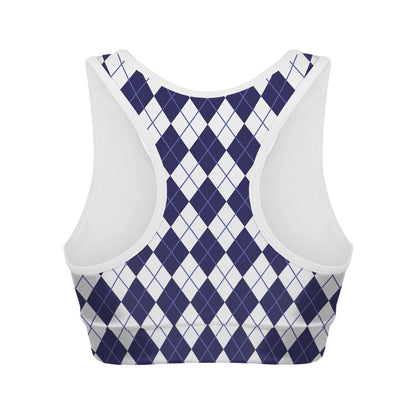 Navy Blue And White Argyle Pattern Print Women's Sports Bra