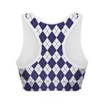 Navy Blue And White Argyle Pattern Print Women's Sports Bra