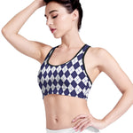 Navy Blue And White Argyle Pattern Print Women's Sports Bra