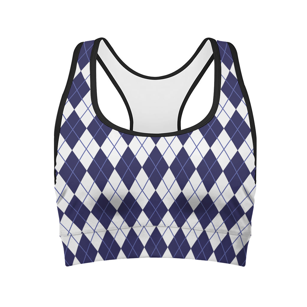 Navy Blue And White Argyle Pattern Print Women's Sports Bra