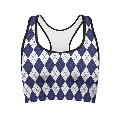 Navy Blue And White Argyle Pattern Print Women's Sports Bra