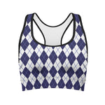Navy Blue And White Argyle Pattern Print Women's Sports Bra