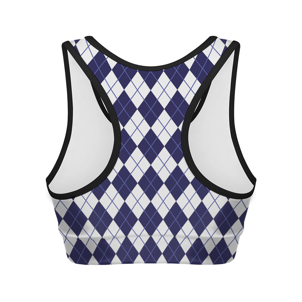 Navy Blue And White Argyle Pattern Print Women's Sports Bra
