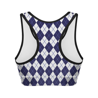 Navy Blue And White Argyle Pattern Print Women's Sports Bra