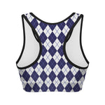 Navy Blue And White Argyle Pattern Print Women's Sports Bra