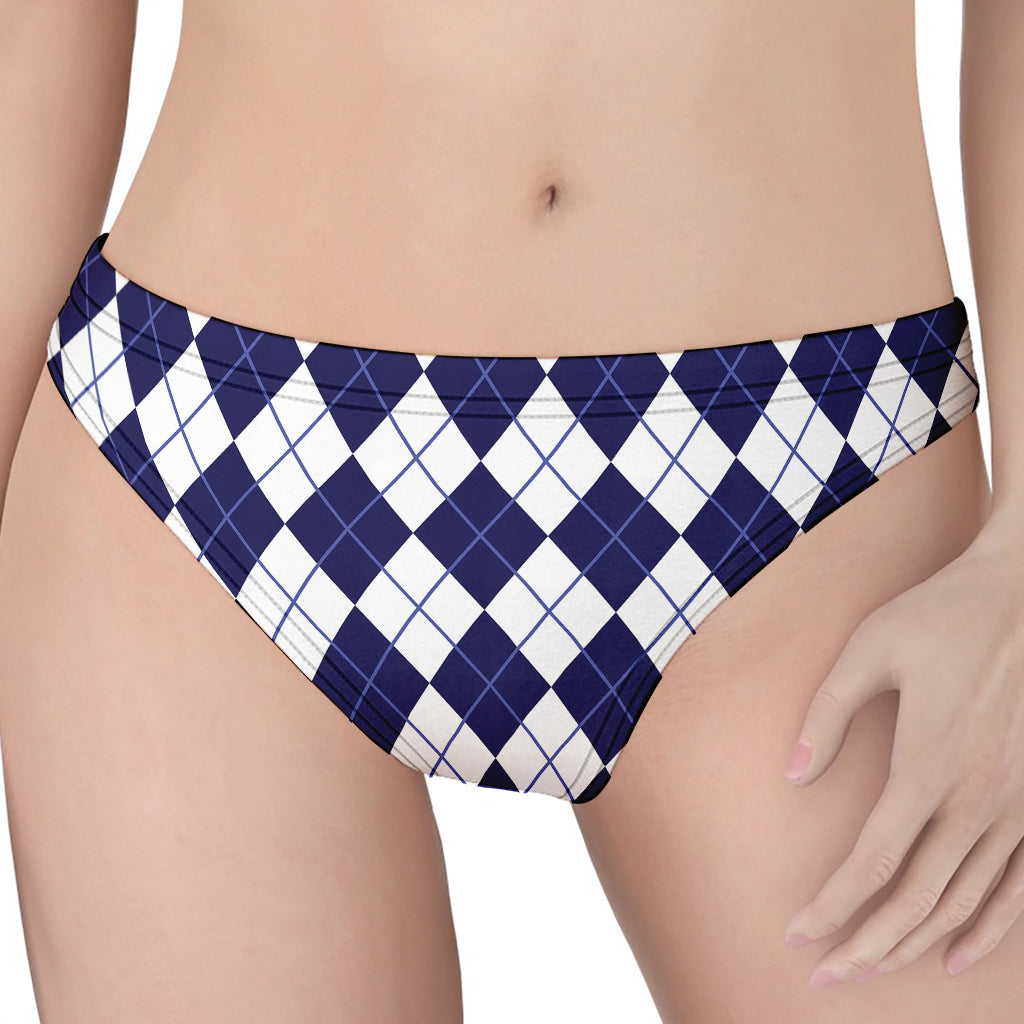 Navy Blue And White Argyle Pattern Print Women's Thong