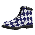 Navy Blue And White Argyle Pattern Print Padded Collar Lace Up Boots