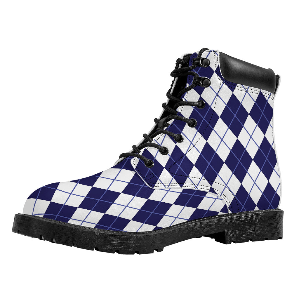 Navy Blue And White Argyle Pattern Print Work Boots