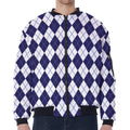 Navy Blue And White Argyle Pattern Print Zip Sleeve Bomber Jacket