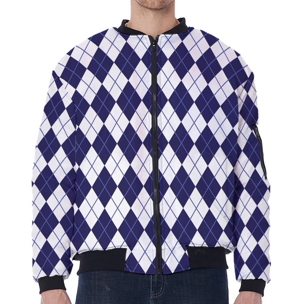 Navy Blue And White Argyle Pattern Print Zip Sleeve Bomber Jacket