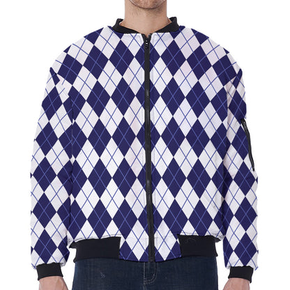 Navy Blue And White Argyle Pattern Print Zip Sleeve Bomber Jacket