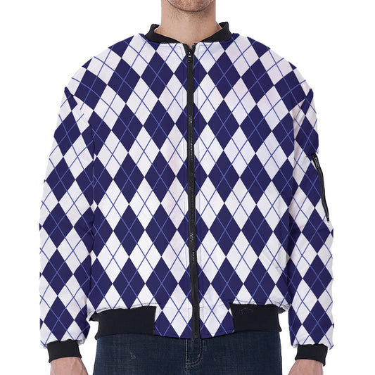 Navy Blue And White Argyle Pattern Print Zip Sleeve Bomber Jacket