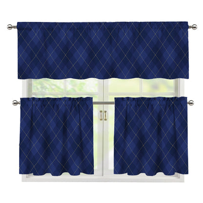 Navy Blue Argyle Pattern Print 3 Piece Kitchen Curtains