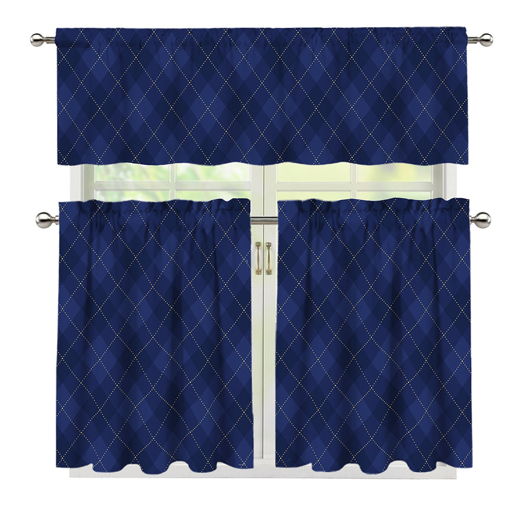 Navy Blue Argyle Pattern Print 3 Piece Kitchen Curtains