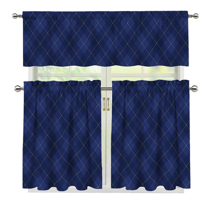 Navy Blue Argyle Pattern Print 3 Piece Kitchen Curtains