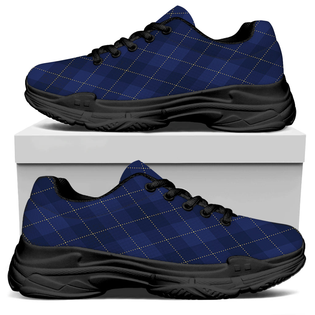 Navy Blue Argyle Pattern Print Black Chunky Shoes