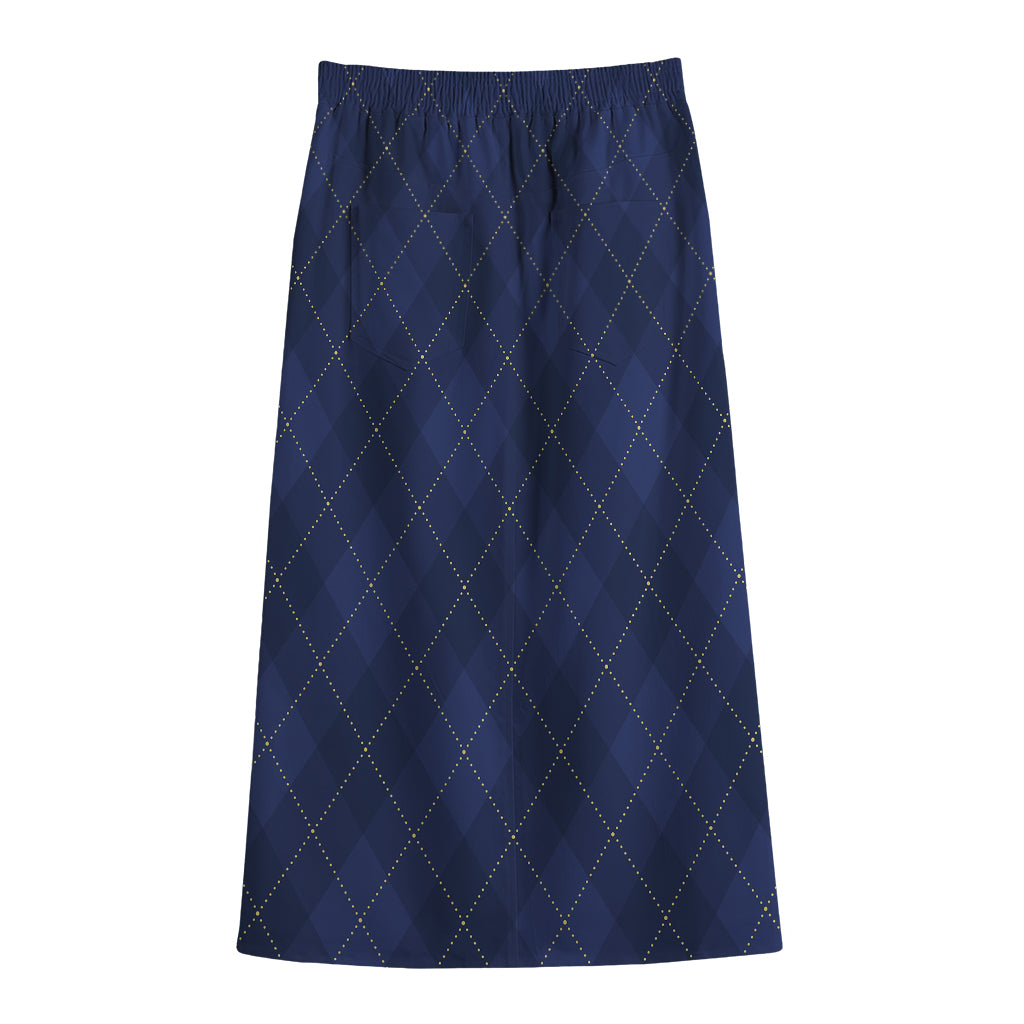 Navy Blue Argyle Pattern Print Cotton Front Slit Maxi Skirt