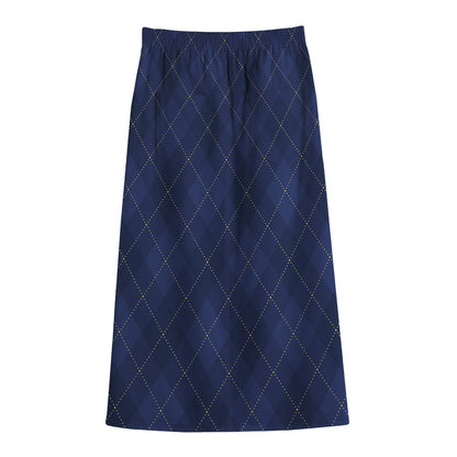 Navy Blue Argyle Pattern Print Cotton Front Slit Maxi Skirt
