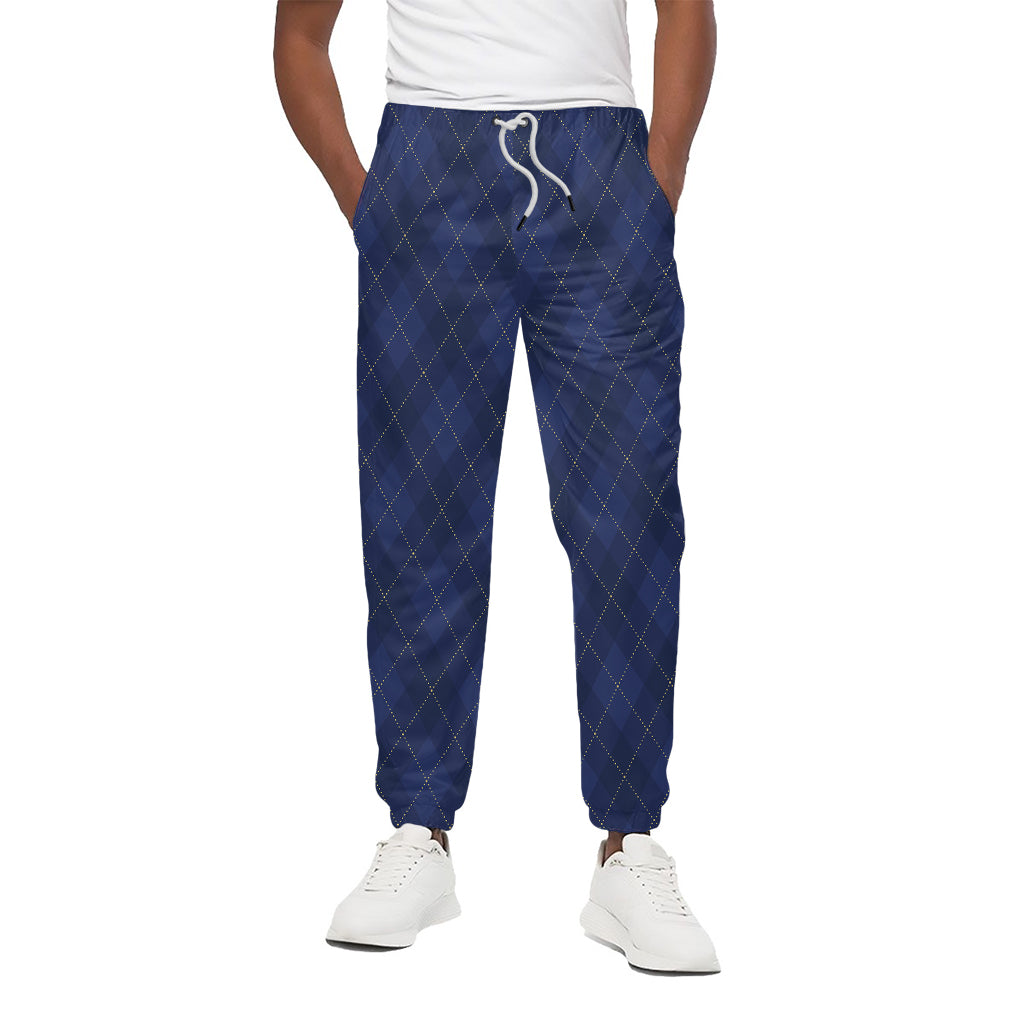 Navy Blue Argyle Pattern Print Cotton Pants