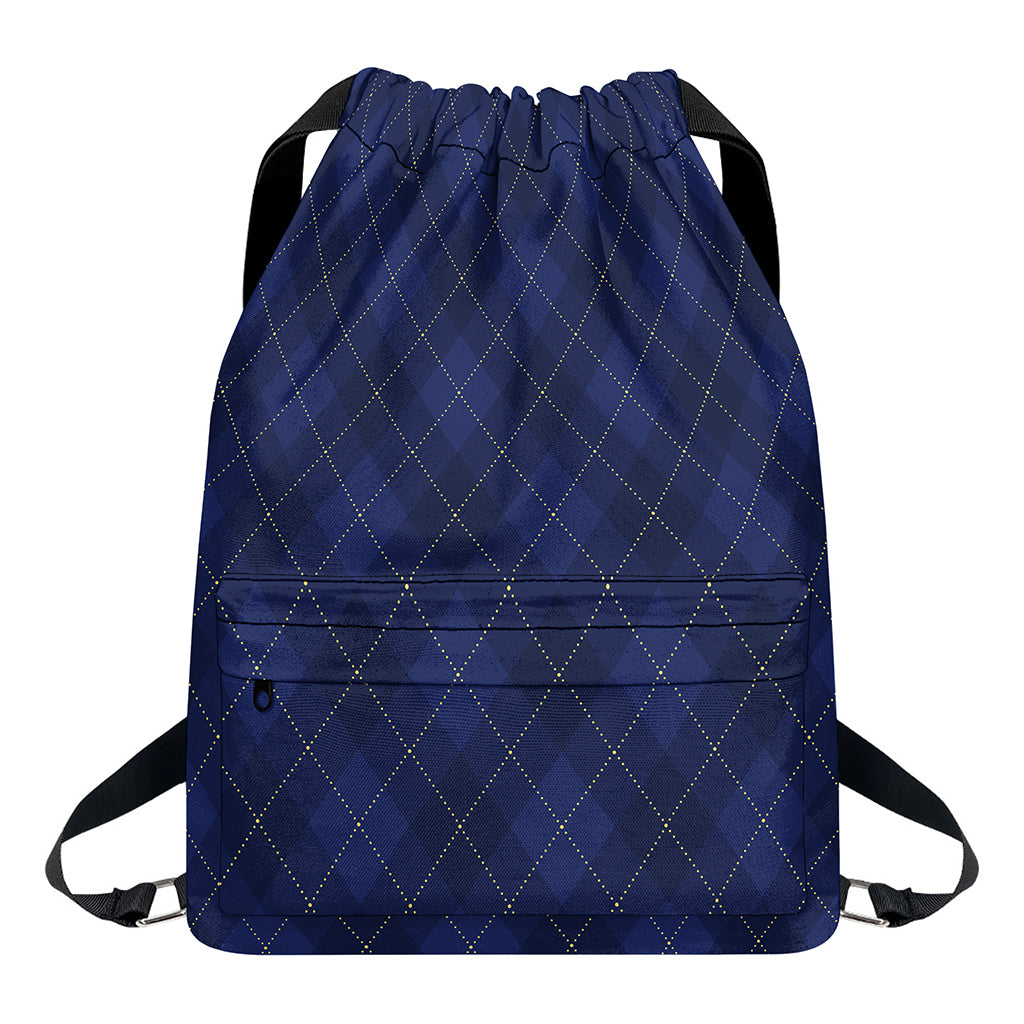 Navy Blue Argyle Pattern Print Drawstring Backpack