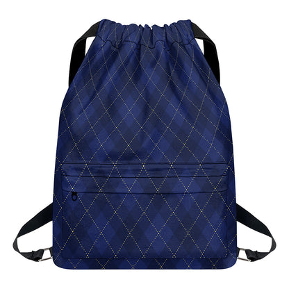 Navy Blue Argyle Pattern Print Drawstring Backpack