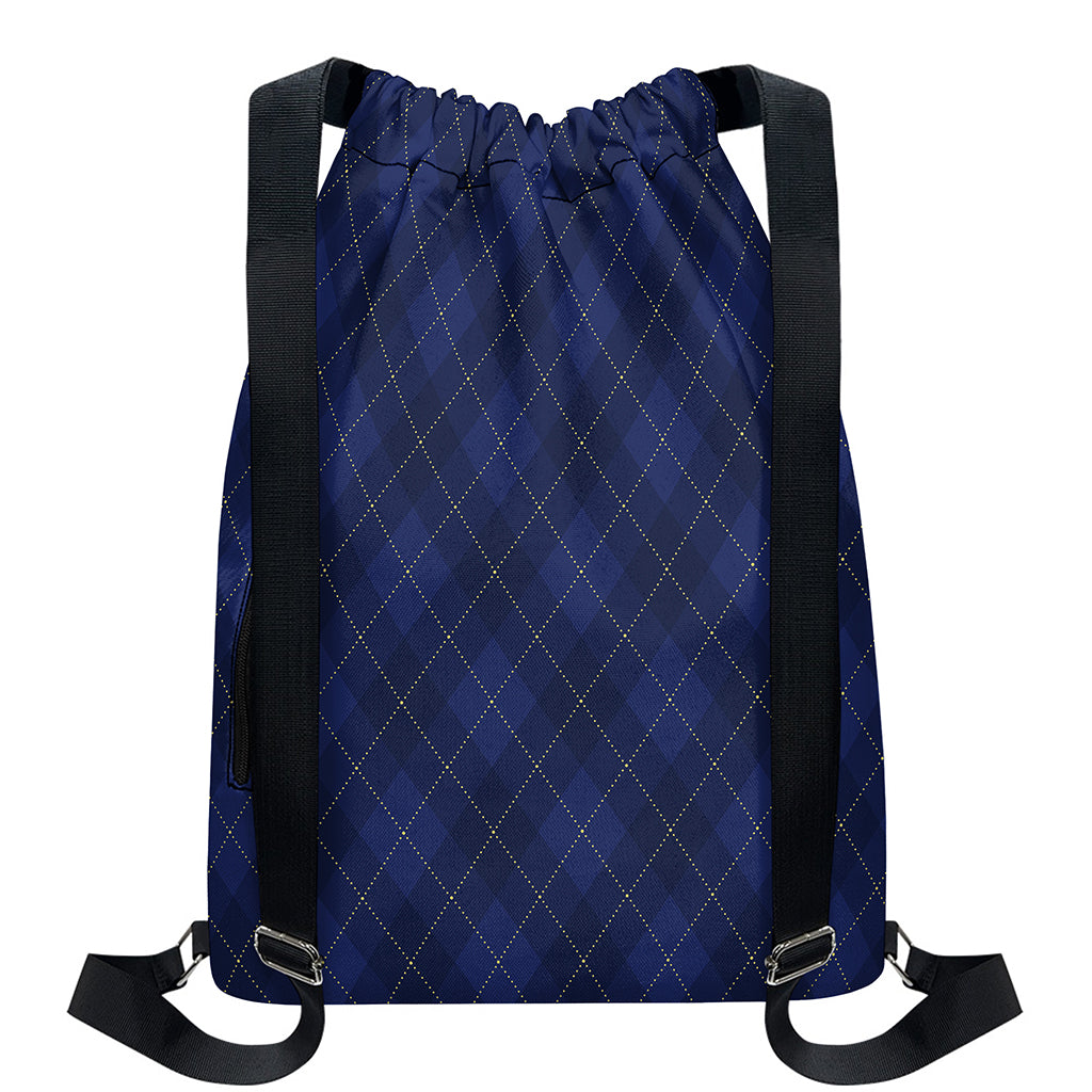 Navy Blue Argyle Pattern Print Drawstring Backpack