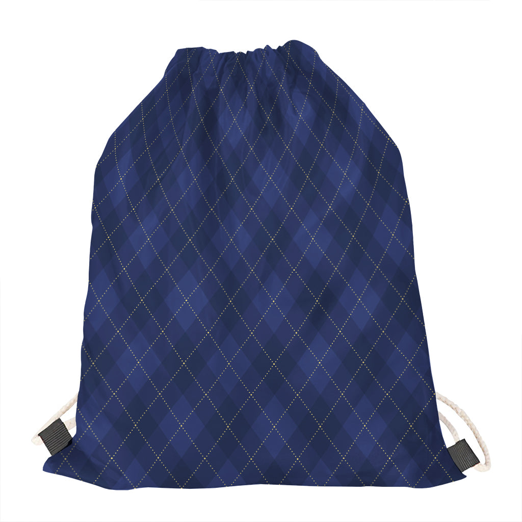 Navy Blue Argyle Pattern Print Drawstring Bag