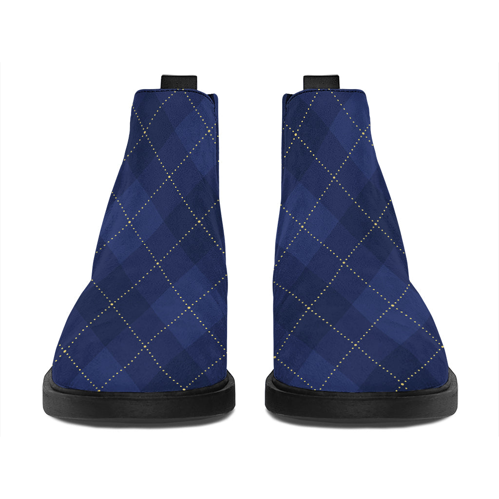 Navy Blue Argyle Pattern Print Flat Ankle Boots