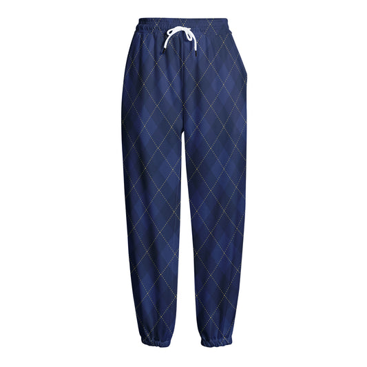 Navy Blue Argyle Pattern Print Fleece Lined Knit Pants